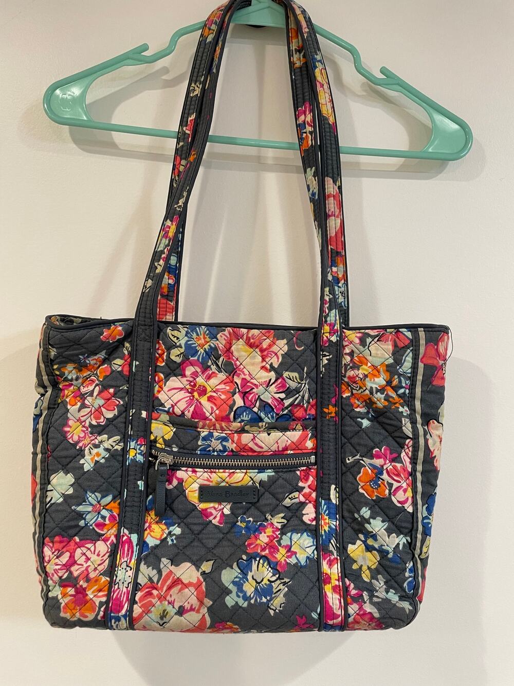 Vera Bradley Floral Zip Top Tote Bag Grey Pink Yellow vintage